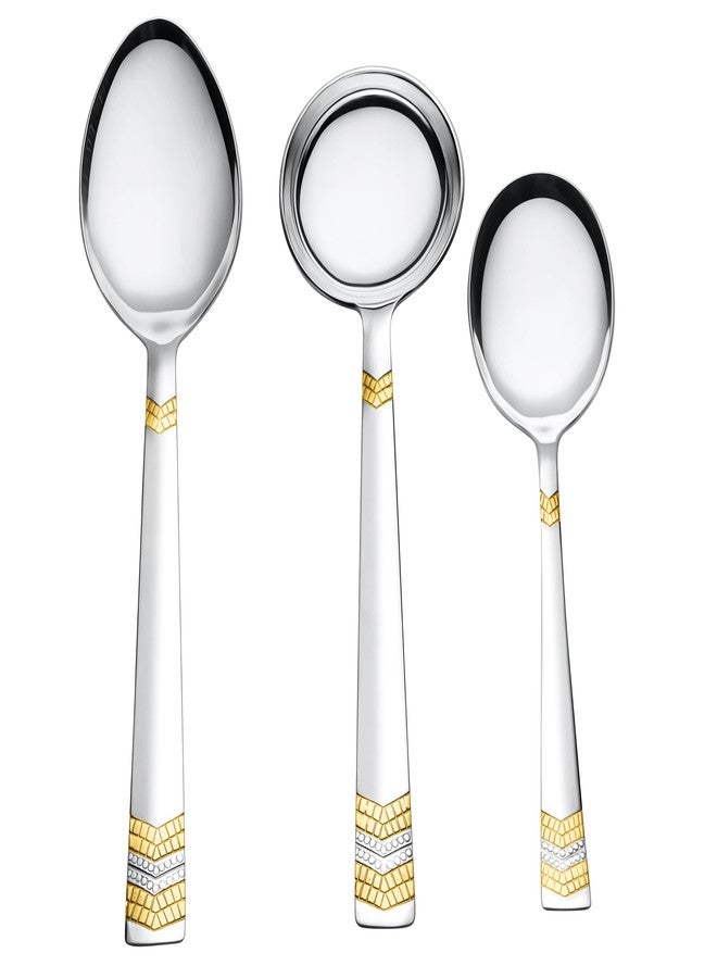 FnS RAGA 24 Karat Gold Plated Stainless Steel Serving Set of 3 (1 Veg Serving Large, 1 Gravy Ladle, 1 Serving Spoon Large) for Home, Kitchen and Dinning - Image 1